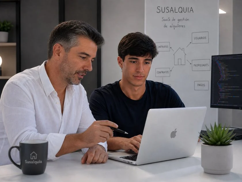 El fundador de Susalquia trabajando junto al programador que ha desarrollado la aplicación