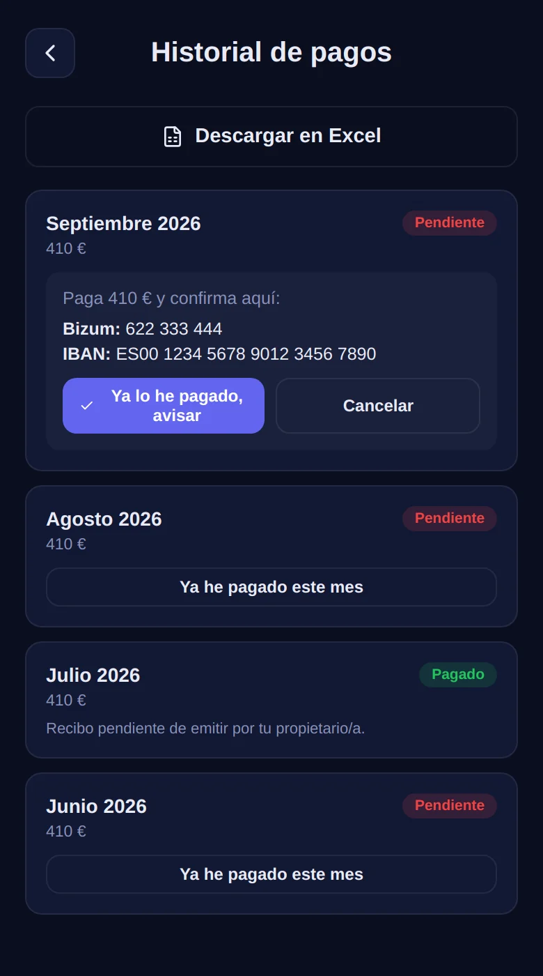 Aviso de pago pendiente de confirmar en el Portal del Inquilino de Susalquia